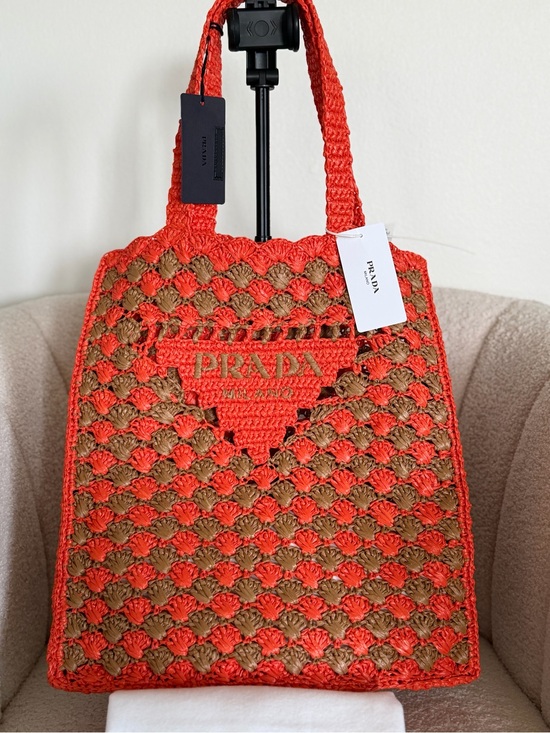 Prada Handbags - Prada Large Raffia Crochet Tote Bag Orange Brown Shopping Bag NWT